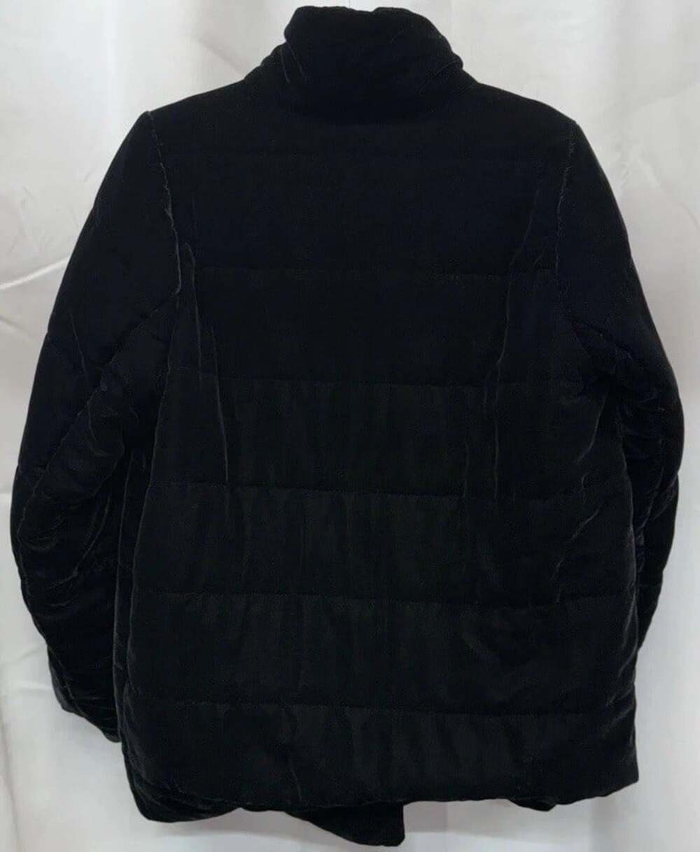 J.Jill Black Velvet Quilted Puffer Coat L Funnel Neck Hidden Snap Longline